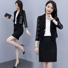 Women Lace Blazer Suit Jacket Coat Hollow Out 3/4 Sleeve Crop Top Office Lady