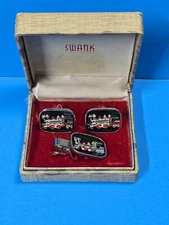 SWANK MEN'S ENAMEL LOCOMOTIVE TRAIN CUFFLINKS & TIE CLIP SET VINTAGE