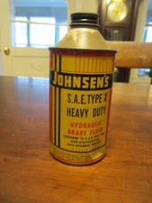 JOHNSEN'S S.A.E.TYPE A HEAVY DUTY HYDRAULIC BRAKE FLUID 12oz steel vtg can full