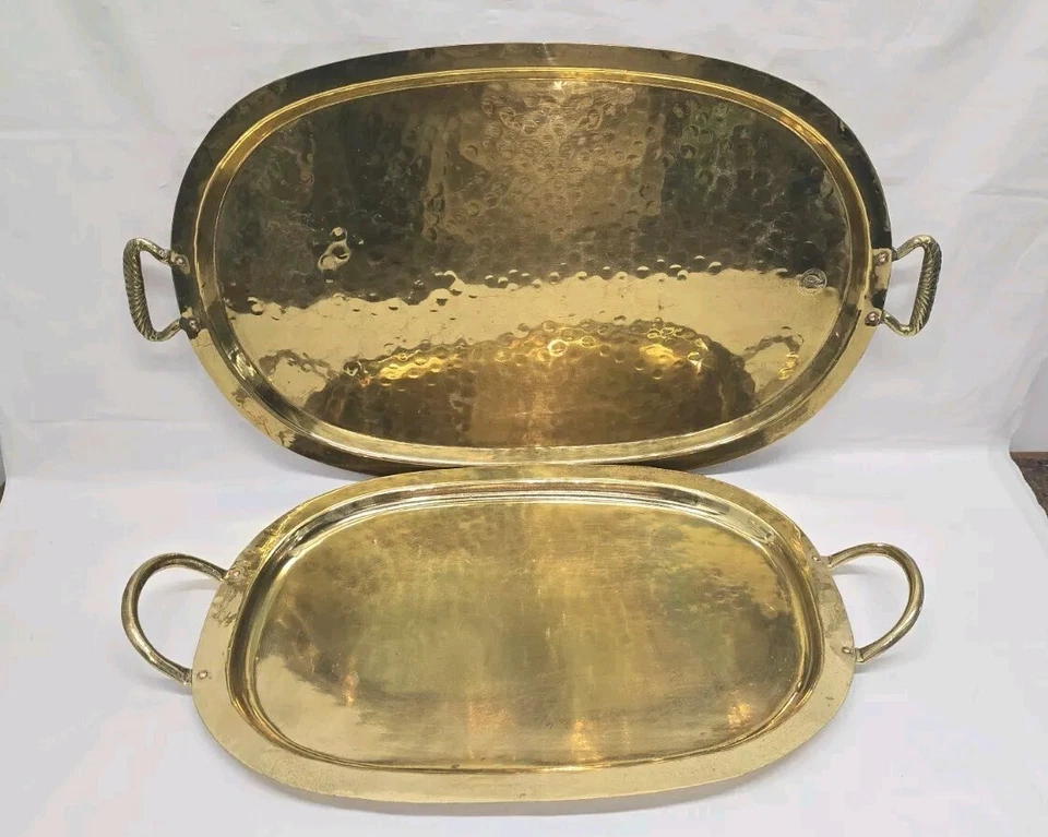 Bandejas antiguas de latón rusas hechas a mano 1 marca martilladas a mano ovaladas remaches de cobre Foto 3 de 4