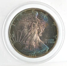 US 1993 ASE $1 .999 Fine Silver Eagle Beautiful Rainbow Toning Uncirculated Coin