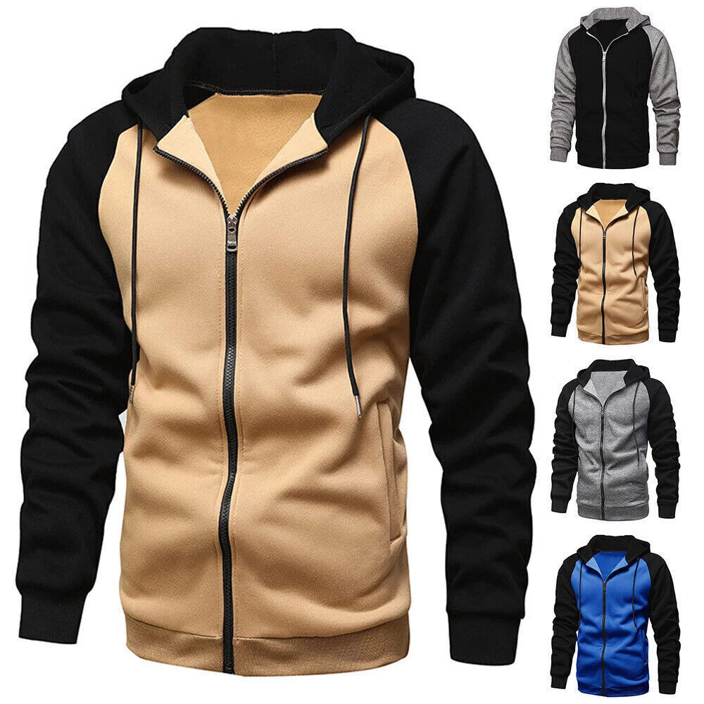 Men Zip Color Block Hoodie Jacket Sweatshirt Sportswear Long Sleeve Coat  Outwear | eBay