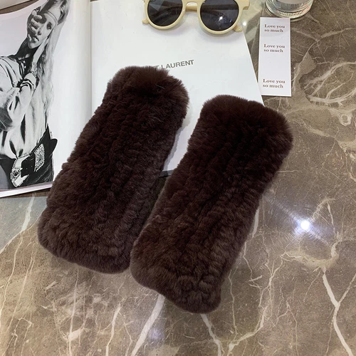 Womens Winter Real Rabbit Fur Gloves Knitted Stretch Fingerless Mitten Gloves - Picture 53 of 102
