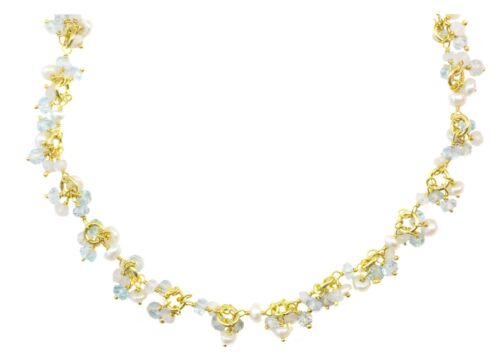Aquamarine Necklace White Pearls Small Cluster Style 14k gold filled 24 inch  - Afbeelding 1 van 2