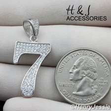 MEN WOMEN 925 STERLING SILVER ICY BLING CZ NUMBER "7" CHARM PENDANT*ASP179