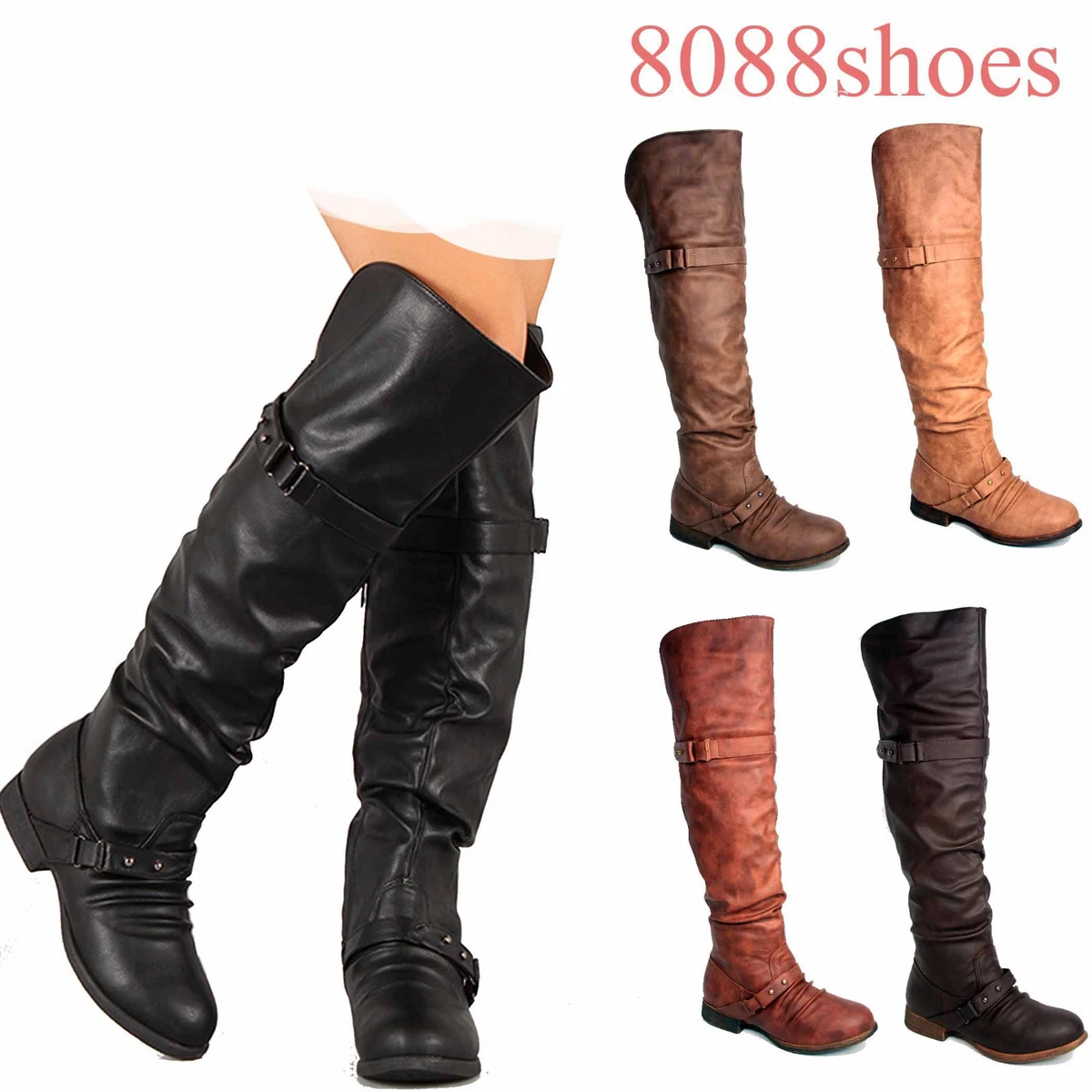 Women s Low Heel Round Toe Push Stud Slouchy Knee High Riding Boot All Size NEW