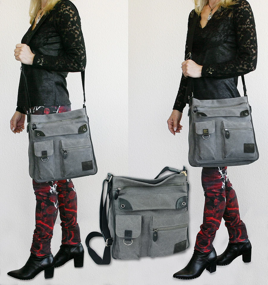 Damen Schultertasche aus Canvas - Leder Umhängetasche viele Fächer in 2 Farben - Bild 3 von 4