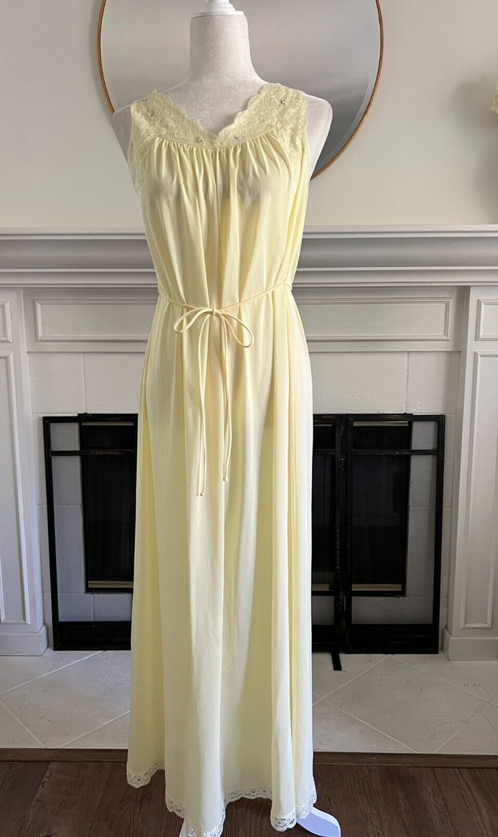 VTG 60s Shadowline Nightgown Sz S Nylon Nightgown Yellow Sleeveless Lace  Trim