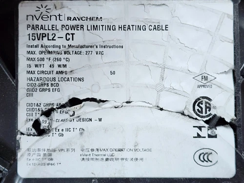 nVent/Raychem 15VPL2-CT High Temp Power Limited Heat Trace Cable 15W/Ft 277V/1ft