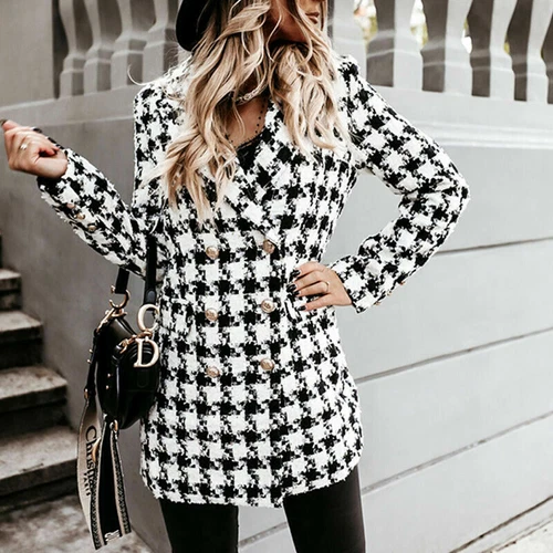 Women's Stylish Check Print Wool Blazer Coat Ladies Long Sleeve Collared Jacket - Picture 12 of 52