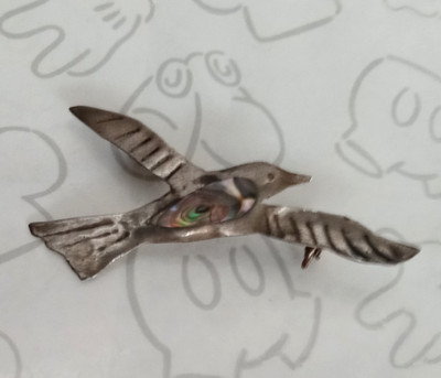 Flying Bird Abalone Seagull JAE 925 Sterling Silver Vintage Brooch Pin Mexico