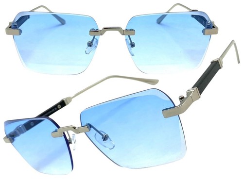 Classy Elegant Modern Sophisticated SUNGLASSES Rimless Silver Frame Blue Lens - Picture 2 of 6