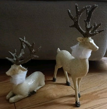 Vtg Tabletop Set of 2 Christmas Sparkling Reindeer Decor with Faux Fur Collar