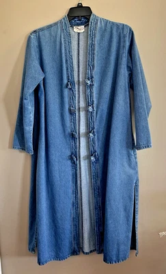 Vintage Pado Womens Denim Long Duster Open Coat L/XL Decorative Knot/Loop Close - Image 1 of 4