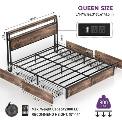 Queen Size Bed Frame Metal Platform with 4 Storage Drawers & LED Headboard,Brown
