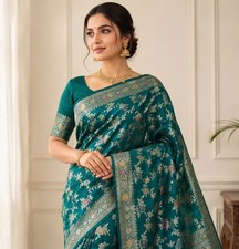 Teal Georgette Silk Saree with Elegant Woven Floral Design Traditional Indian