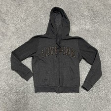 Victoria s Secret PINK Hoodie Womens Medium Gray Full Zip Spell Out Sweatshirt