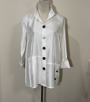 Ali Miles XS White Rayon Blend Blouse Button Front 3/4 Sleeve Wired Collar