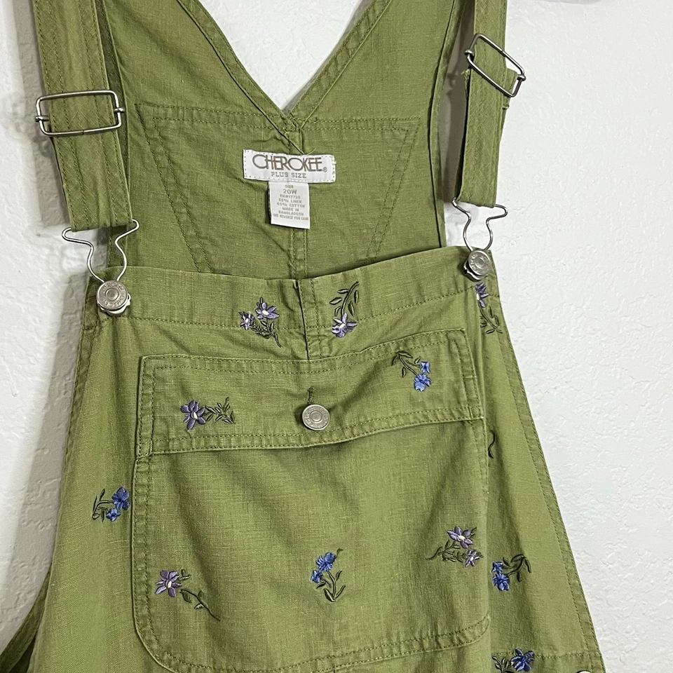 VTG Y2K Cherokee Overall Shorts Green Embroidered Linen Blend Women’s Plus 20W - Image 3 of 4