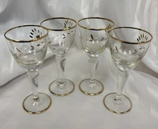 Set of 4 Vintage Cordial Glasses 22kt Romania Glass 4 1/2" Thistle Gold Trim