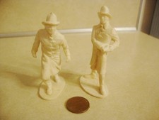 Vintage MCM Auburn Rubber Toy Firemen x2 in White Helmets Coats Hose Used