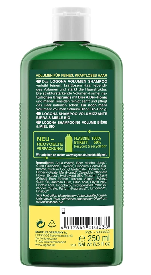 Champú Logona Volume cerveza y miel 8,5 fl oz (250 ml) para cabello volumétrico y brillante Foto 2 de 4