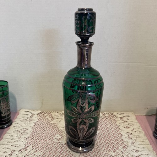 BEAUTIFUL GREEN VENETIAN MURANO GLASS DECANTER &6 GLASSES SILVER OVERLAY - Picture 3 of 19