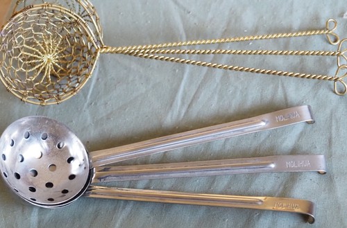 6 Stainless Steel Slotted Spoons & 6 Handmade Brass / Copper Hot Pot Strainers. - Picture 8 of 13