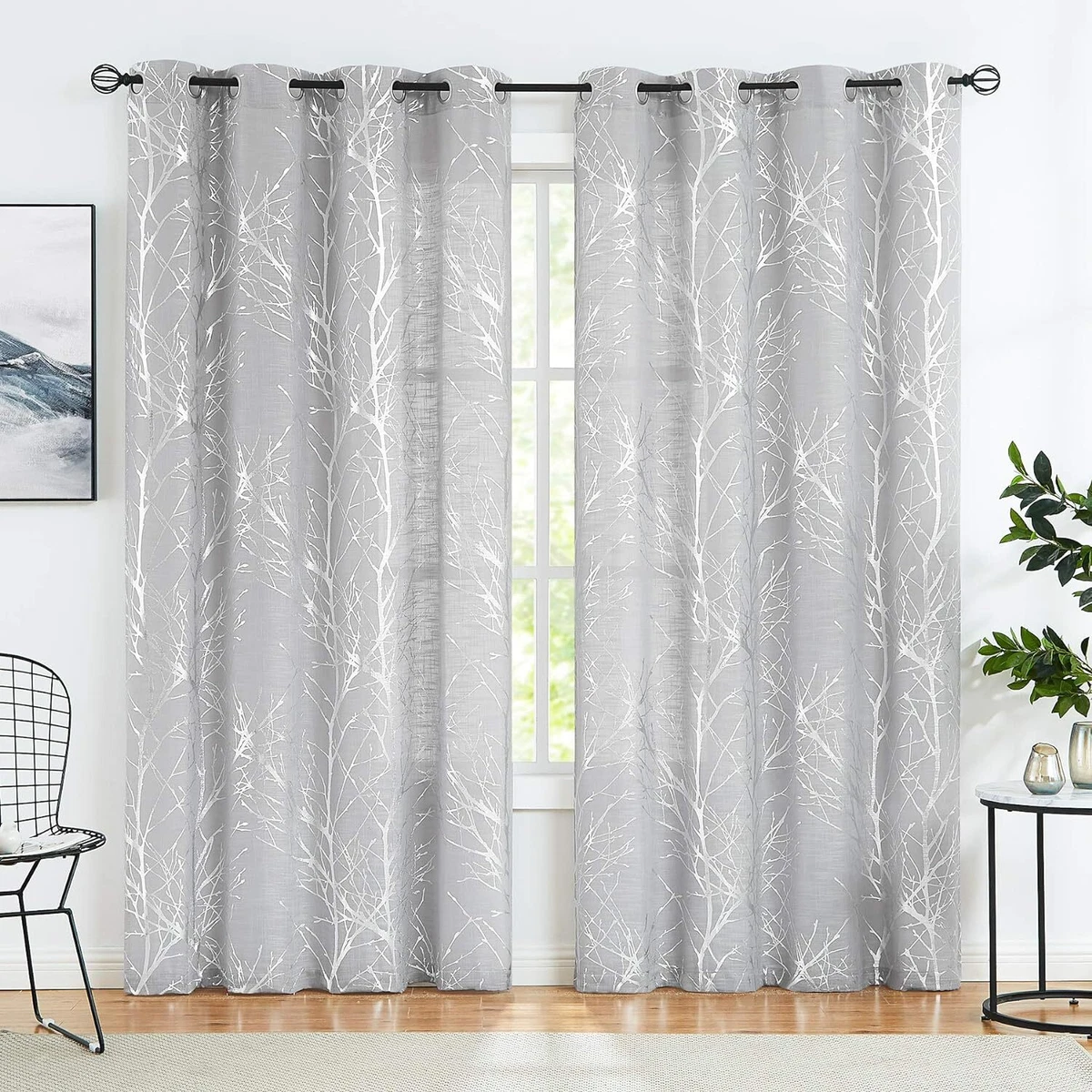 Fmfunctex Silver Branch Grey Sheer Curtains for Living Room 50 x 90 inches Long