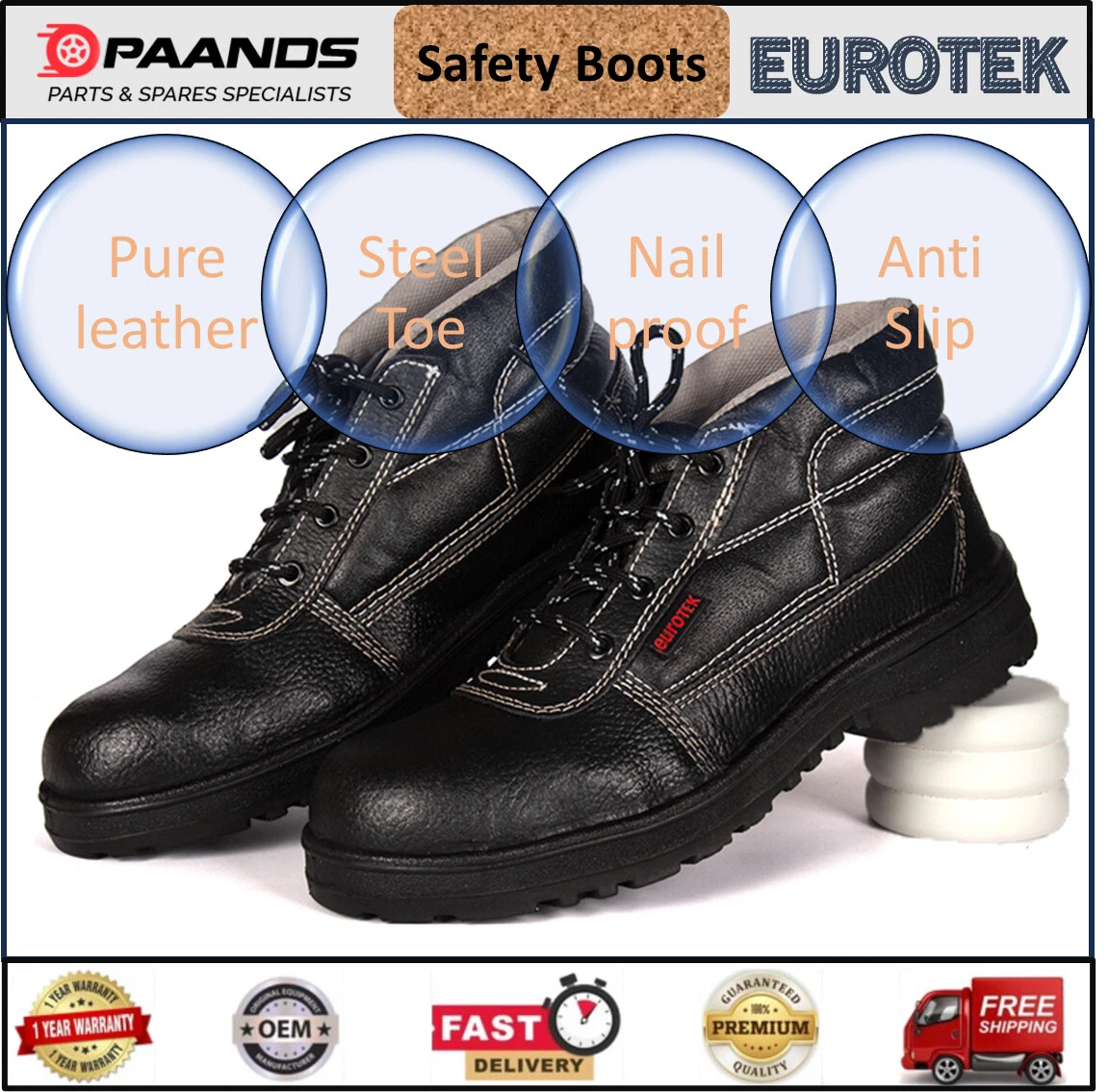 Pure Leather Men Safety Boots EUROTEK Steel Toe Cap Anti Slip from PAANDS New