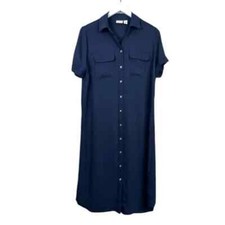 Chico’s Navy Button Down Shirt Midi Dress Roll Tab Sleeve Size Small