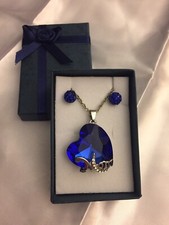 Chain W/ Beautiful Blue Heart Crystal Charm  Earrings Set Love Mom Mother Gift