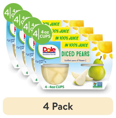 (4 pack) Fruit Bowls Diced Pears in 100% Fruit Juice, 4 oz bowls