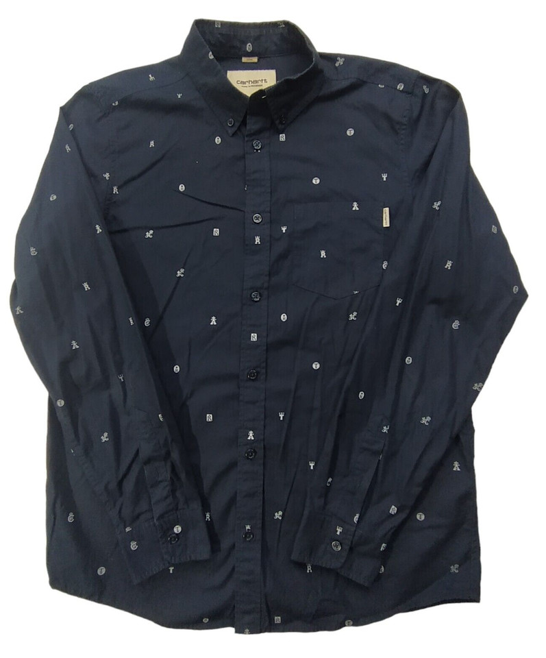 Carhartt WIP L/S DROP CAP Shirt Mens M Slim Print Navy Button Up Long Sleeve