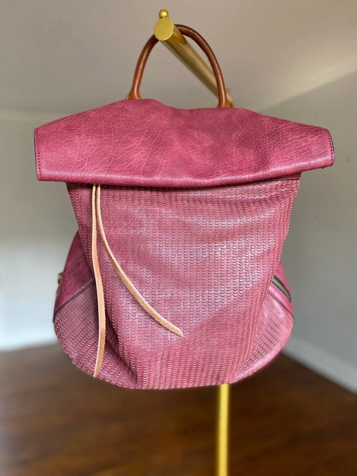 Mauve Leather Backpack Boho Zip Travel Office Streetwear Festival Indie Weekend - Image 2 of 4