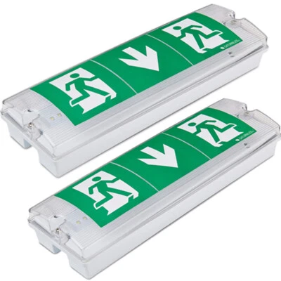 MANNINGHAM LIGHTING 2x Fire Exit Lamp 3hr Emergency Running Man Legend LED Bulkhead IP65 Escape Sign