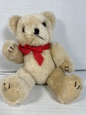 Vintage Jointed Plush Teddy Bear Tan With Red Bow Posable Stuffed Animal 10"