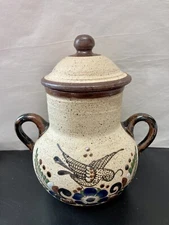 Signed Tonala Mexico Pottery Urn or Jar with Lid&Handles Bird Design Ken Edwards