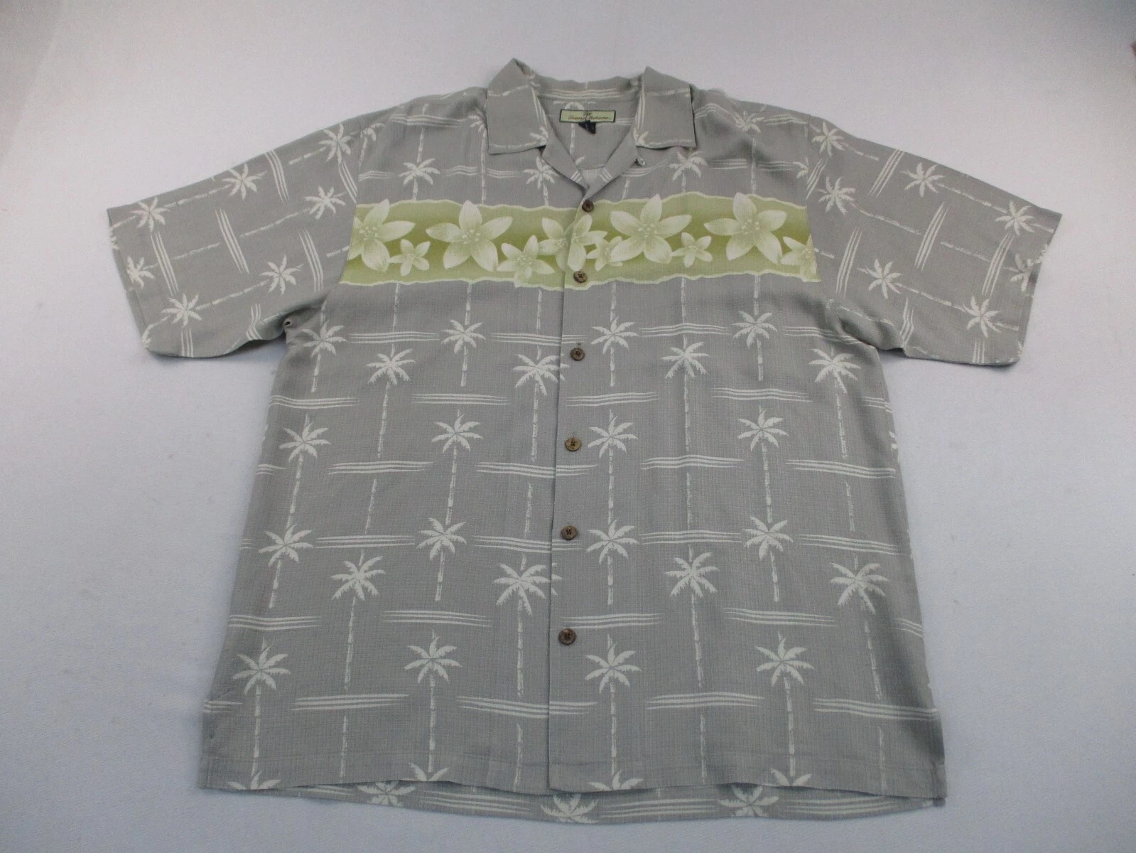 Tommy Bahama Shirt Mens Large Gray Floral Button Up Short Sleeve Silk