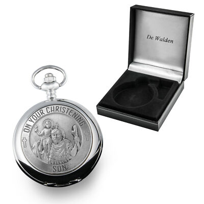Son Christening Gift Engraved Boys St Christopher Pocket Watch in Silk Gift Box