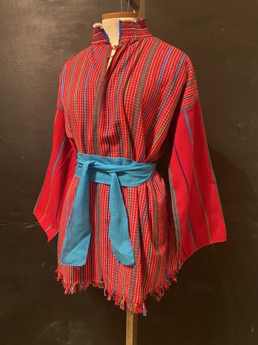 Guatemalan Zunil Embroidered Huipil Red Woven Striped Tunic Dress Half Sleeve L - Picture 6 of 8