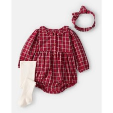 NEW Carter's Girl 3PC Plaid Long-Sleeve Bodysuit Headwrap Tights Set Red NB