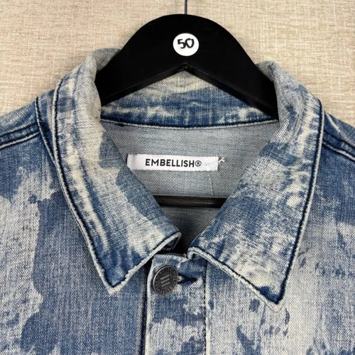 Embellish Mens Grungy Blue Acid Wash Bleach Splatter Denim Trucker Jacket XL image 2