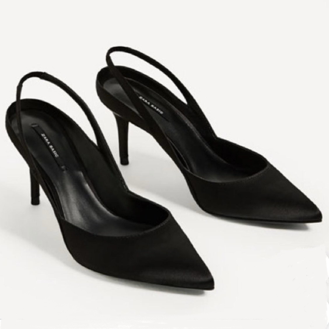 Zara Satin Slingback Heels Black Size 9 Elastic Back Strap, Extra Heel Pieces