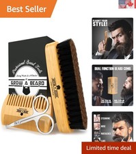 Beard Grooming Set: Natural Boar Bristle Brush, Wood Comb Travel Bag