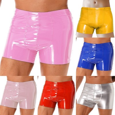 Trendige Herren Kunstleder Shorts Boxershorts Wetlook Latex Unterhose gelb