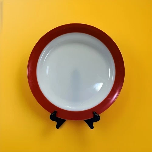 12” Pyrex Dinner Plate; Red/pink Rim Vintage EUC. Milk Frosted Glass Serving