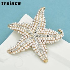Starfish Brooch Pin Pearl Crystal Gold Nautical Ocean Jewelry Gift for Women