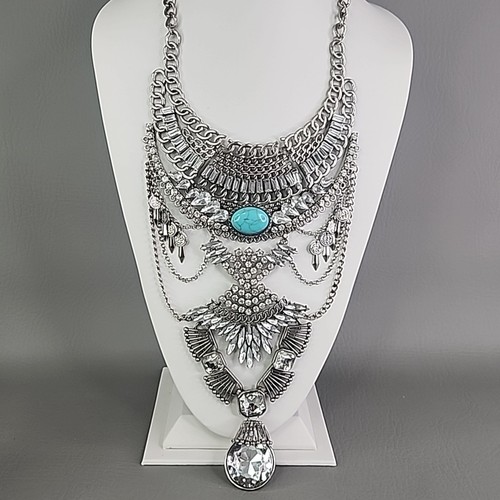 Statement Necklace Ethnic Southwestern Festoon Faux Turquoise Silver Tone 18"