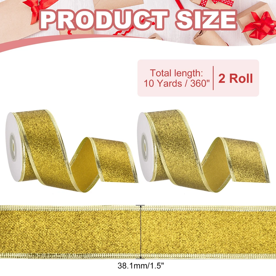 Cinta de Navidad de 20 yardas x 1,5", brillo metálico de cinta con cable, amarillo/dorado Foto 2 de 4